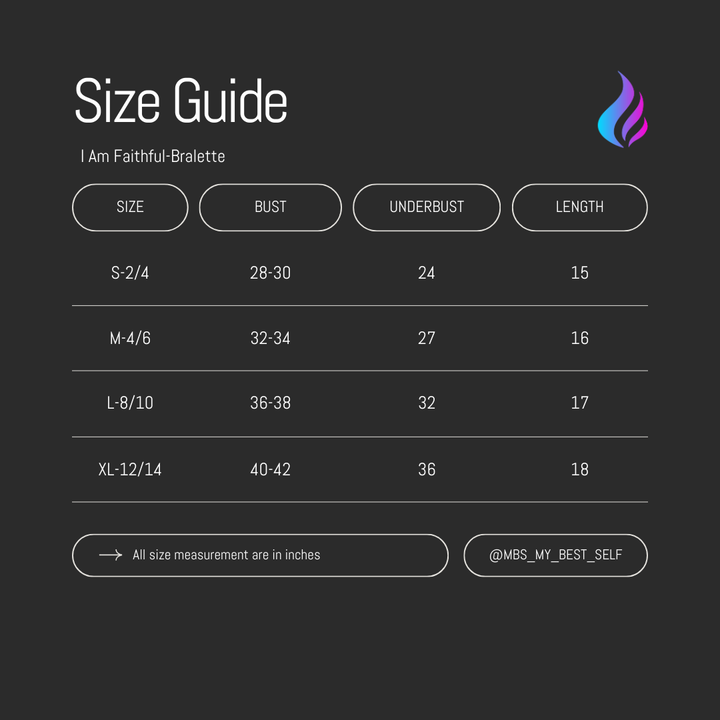 I Am Faithful Bralette size chart showing measurements and fit guidelines for activewear

