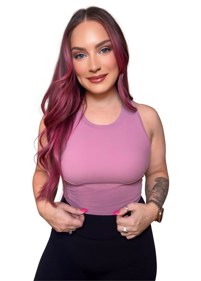 Full-body shot of I Am Faithful Bralette in Violet Verbena styled with neutral high-waisted leggings

