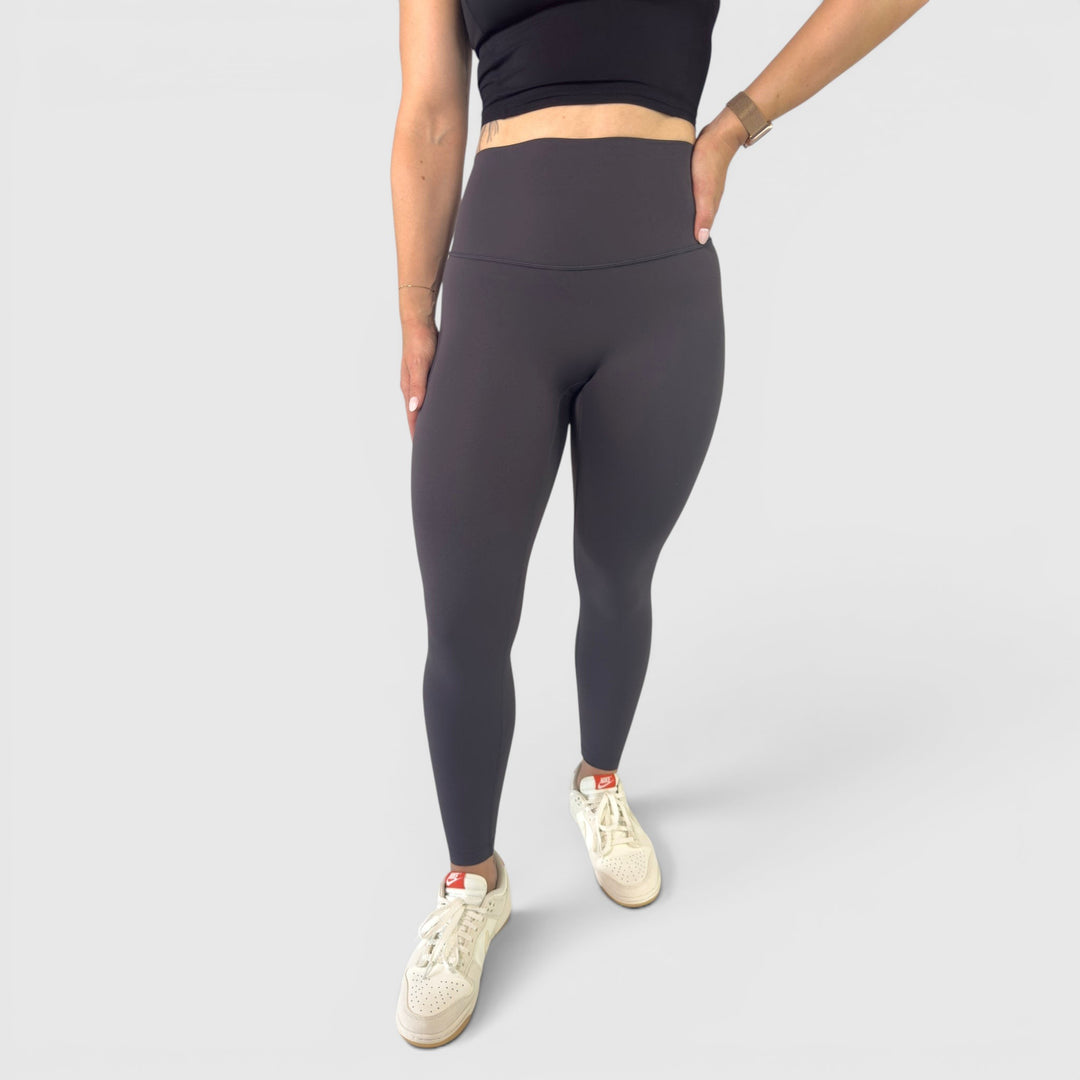 MBS | The Woman Beyond The Cape graphite grey high waisted seamless front leggings with tummy control and back pocket.
