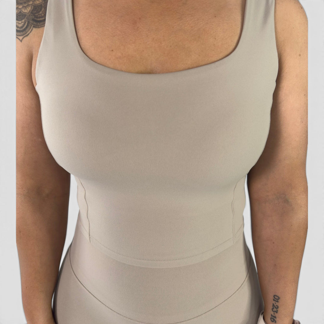 MBS | The Woman Beyond The Cape taupe seamless square neck bralette made of NULS Series fabric, designed for comfort and support.